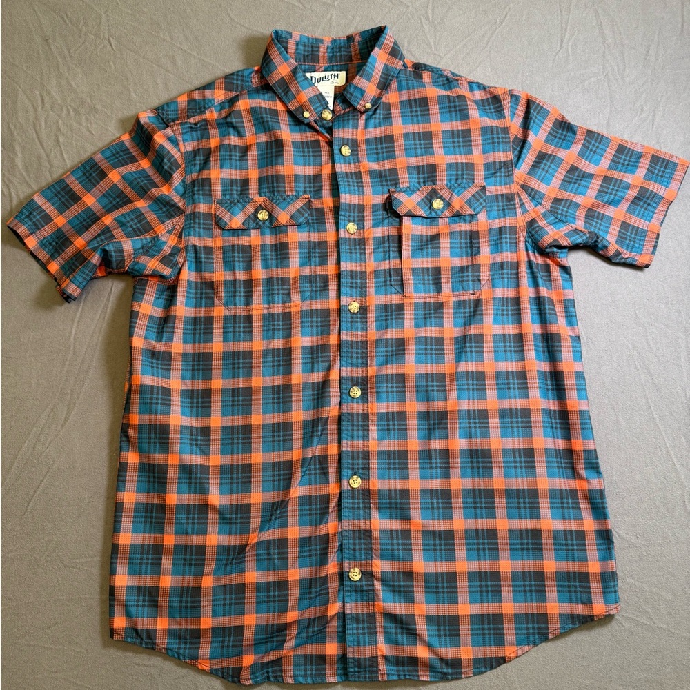 Duluth Trading Co Men's Plaid Shirt - Orange and Blue Size Large Tall